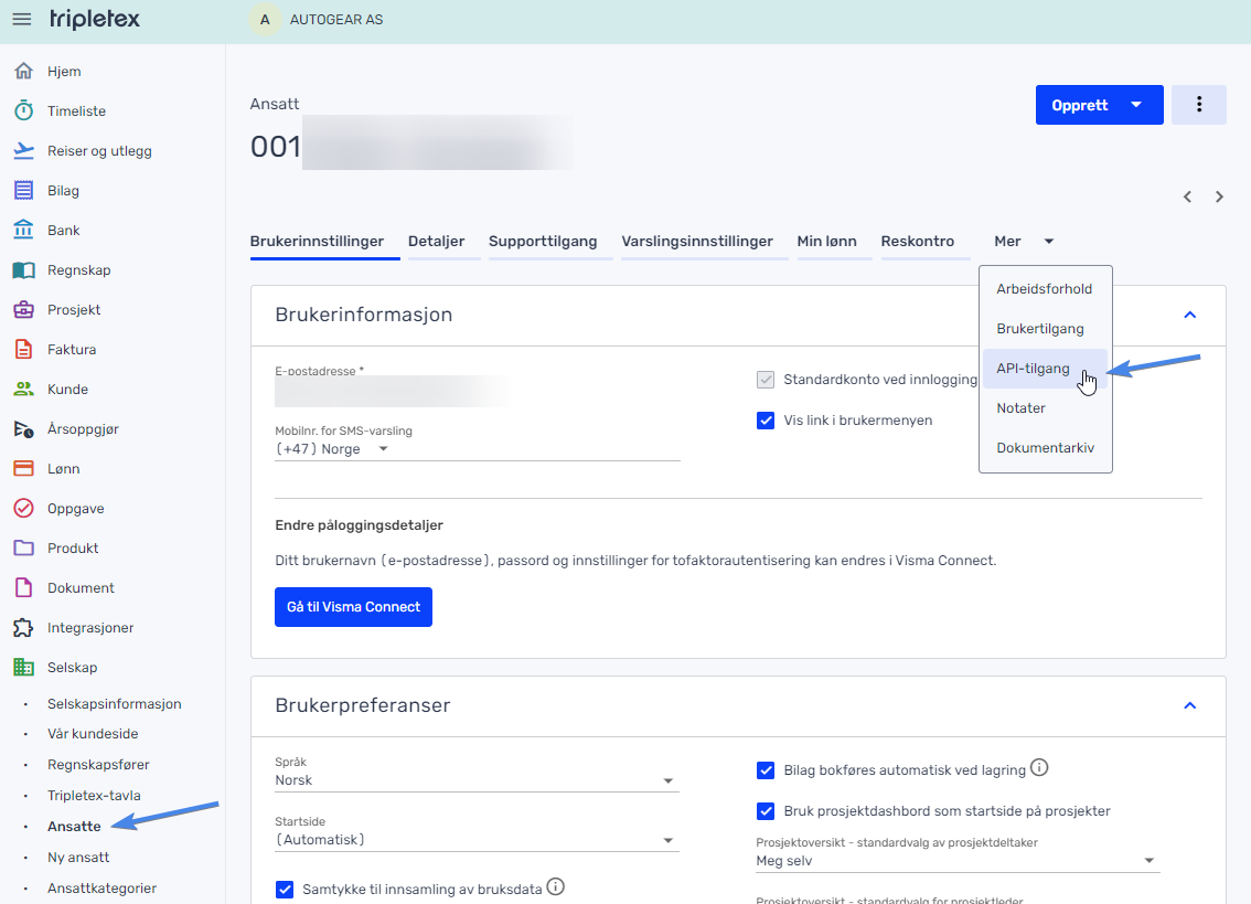 Tripletex – ansatte og API-tilgang
