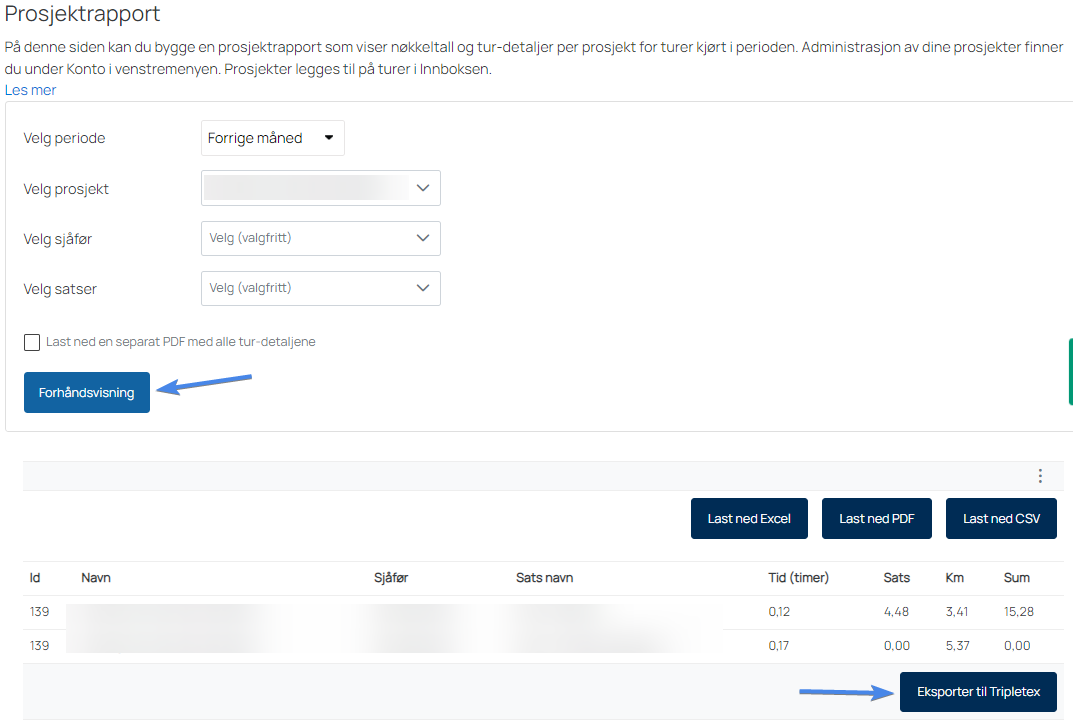 Tripletex – eksporter prosjektrapport