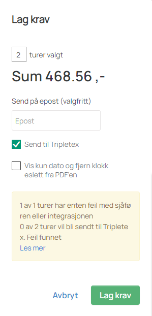 Tripletex – feilmelding ved opprett krav