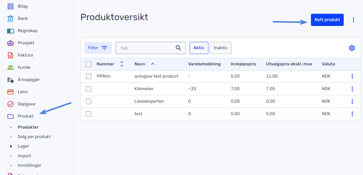 Tripletex – opprett produkt